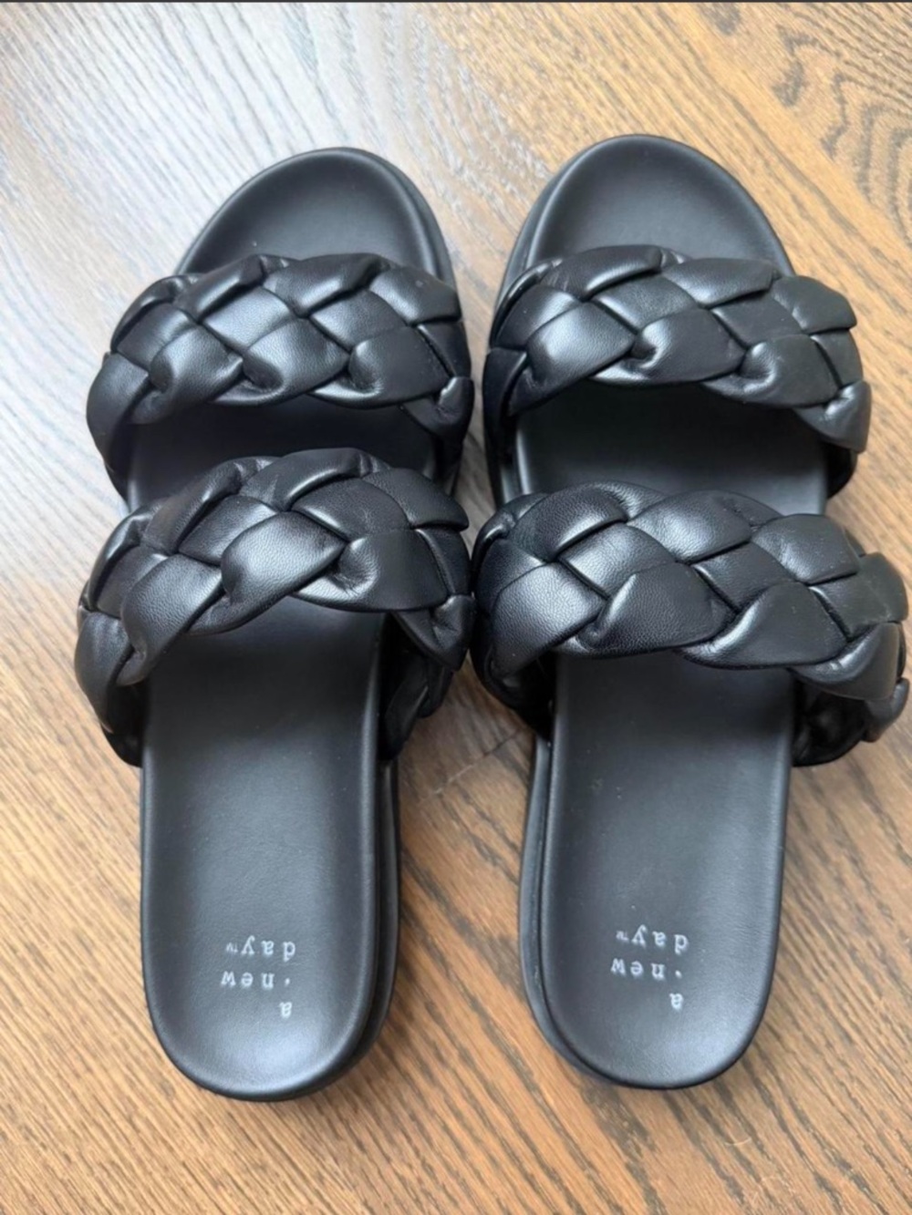 Braided Double-Strap Black Slide Sandals